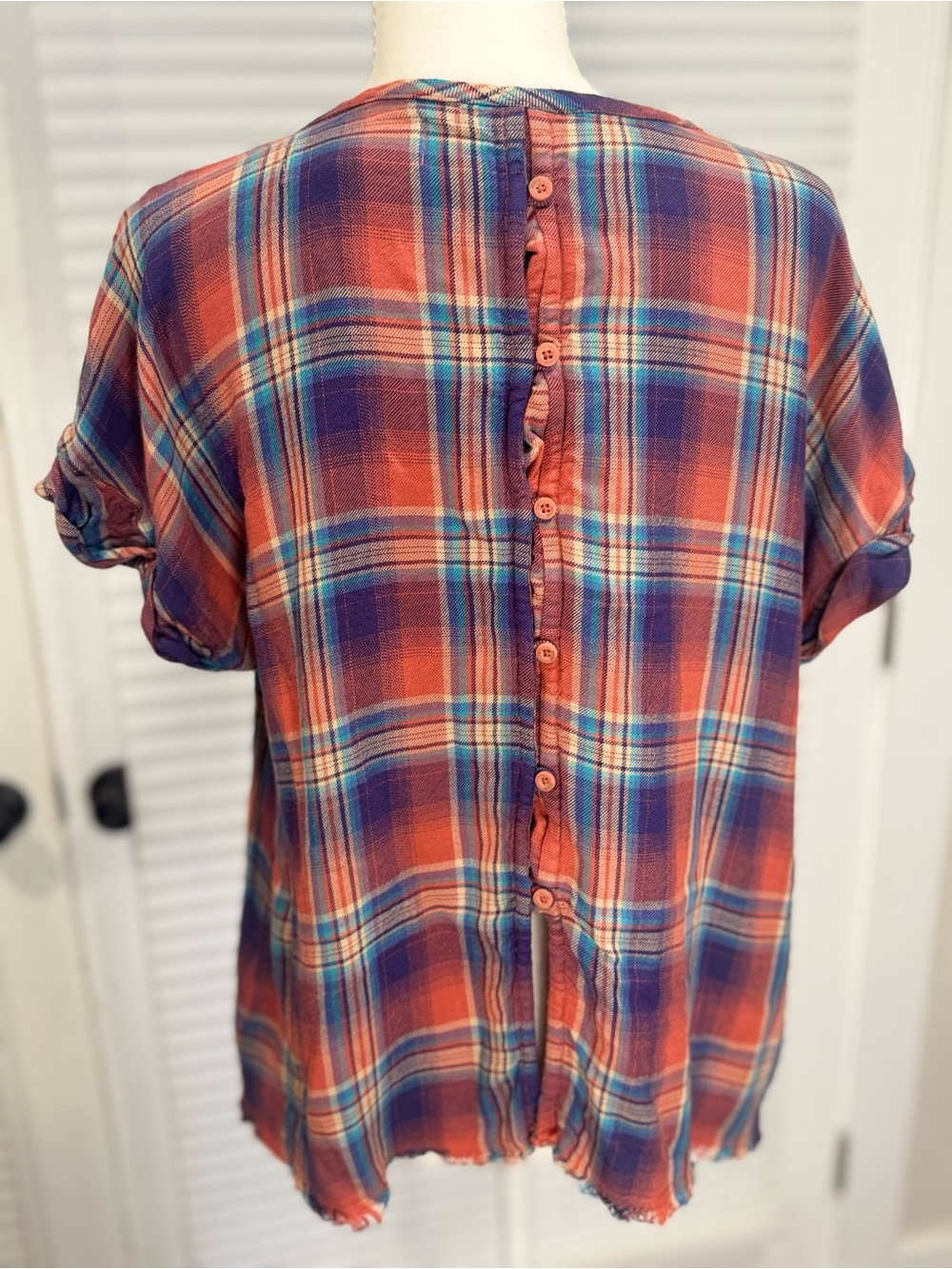 Anthropology cloth & stone Orange and Navy Plaid Short-Sleeve Top 1137 - Picture 3 of 5